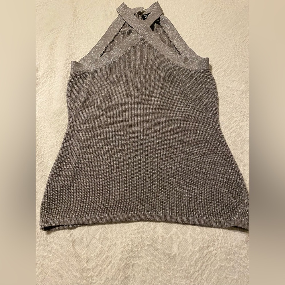 INC International Concepts Sleeveless Halter Silver Sweater With High Neck